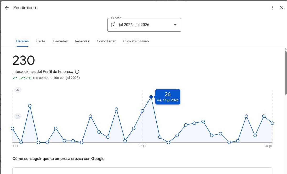 Panel de Google Business de El Vapor: 230 interacciones en julio de 2026, +29,9 % frente a julio de 2025