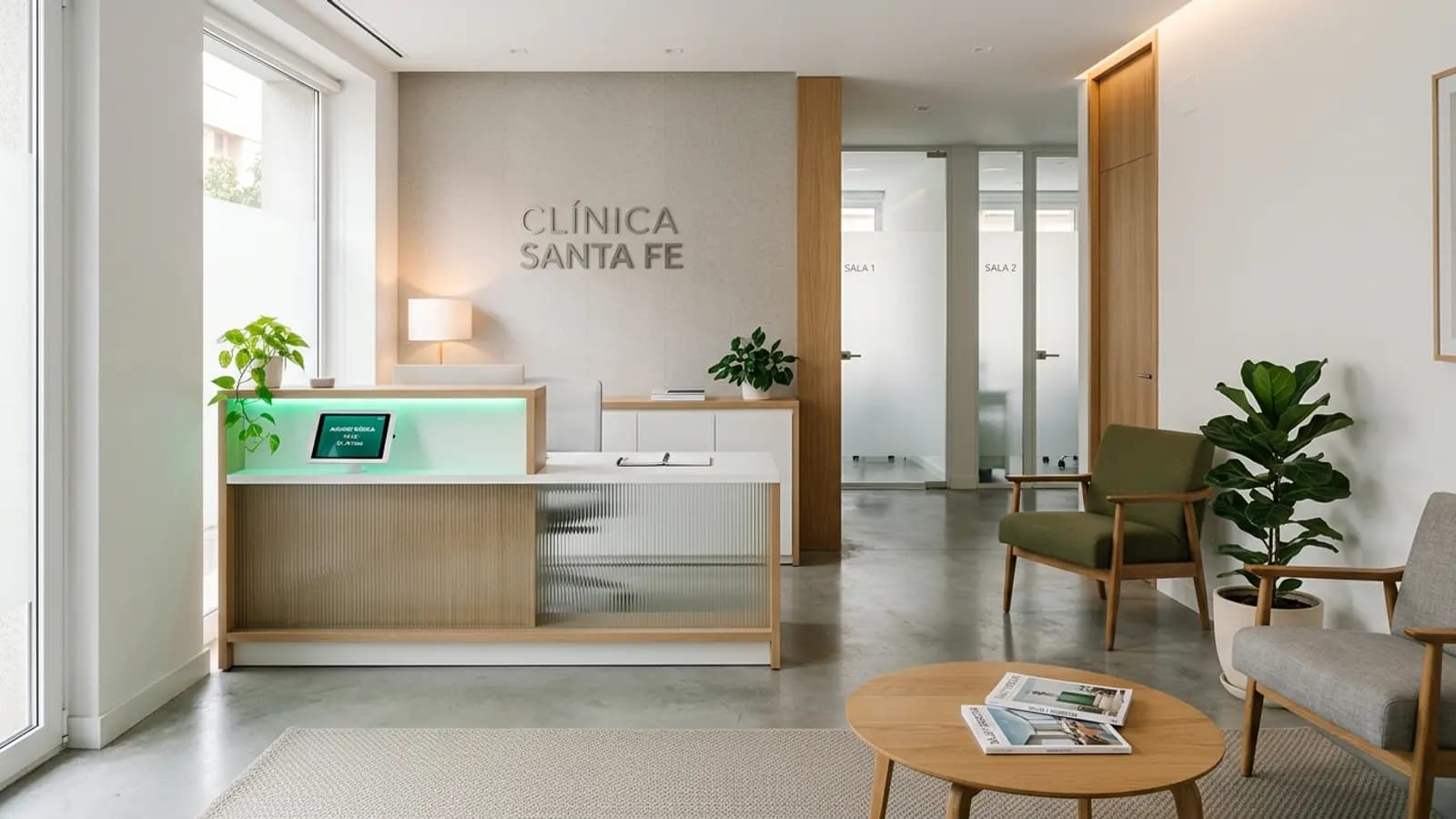 Recepción de clínica moderna, sector salud que automatiza la captación de pacientes con IA